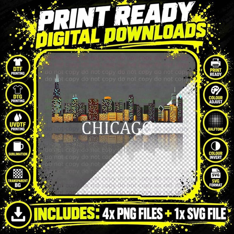 Chicago T Shirt Chicago City Skyline Lights at Night Png SVG Digital Bundle