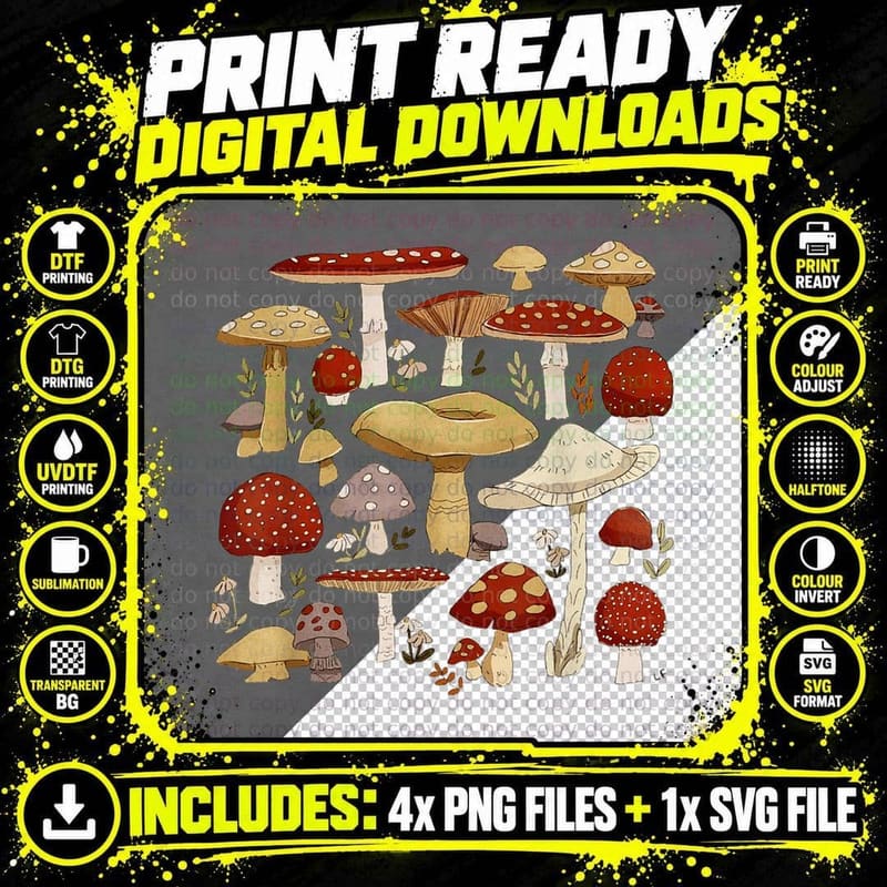 Cottagecore Aesthetic Goblincore Mycology Shrooms Png SVG Digital Bundle