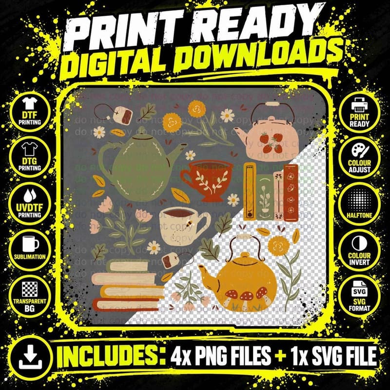 Flowery Books and Tea T-Shirt Png SVG Digital Bundle