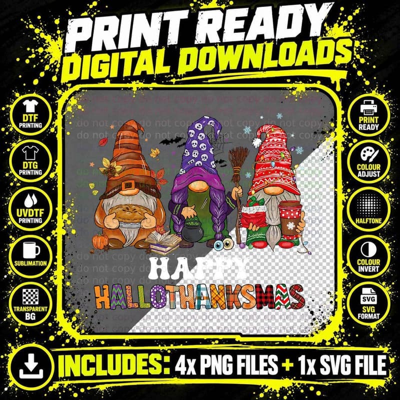 Happy Hallothanksmas Gnomes T-Shirt Png SVG Digital Bundle