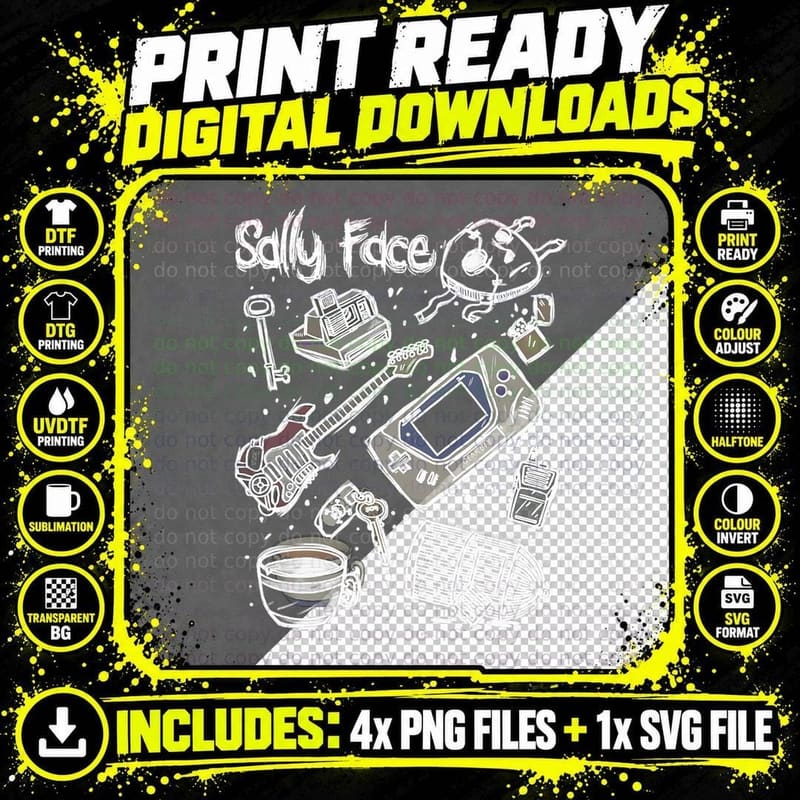Sally Face Icon Doodle Graphic Sketch Collage T-Shirt Png SVG Digital Bundle