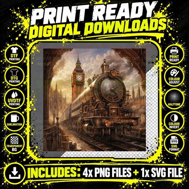 Steampunk Train and Big Ben T-Shirt Png SVG Digital Bundle