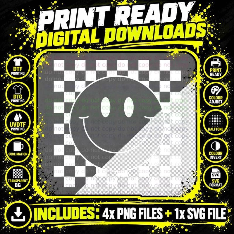 White Checkered Smile Face Cute Smiling Face Kids Fun Png SVG Digital Bundle