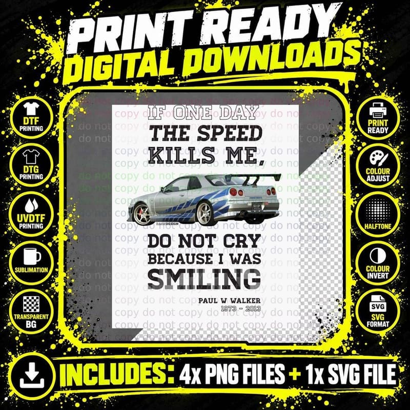Paul Walker Tribute GTR - Halftone 1 T-Shirt Png SVG Digital Bundle