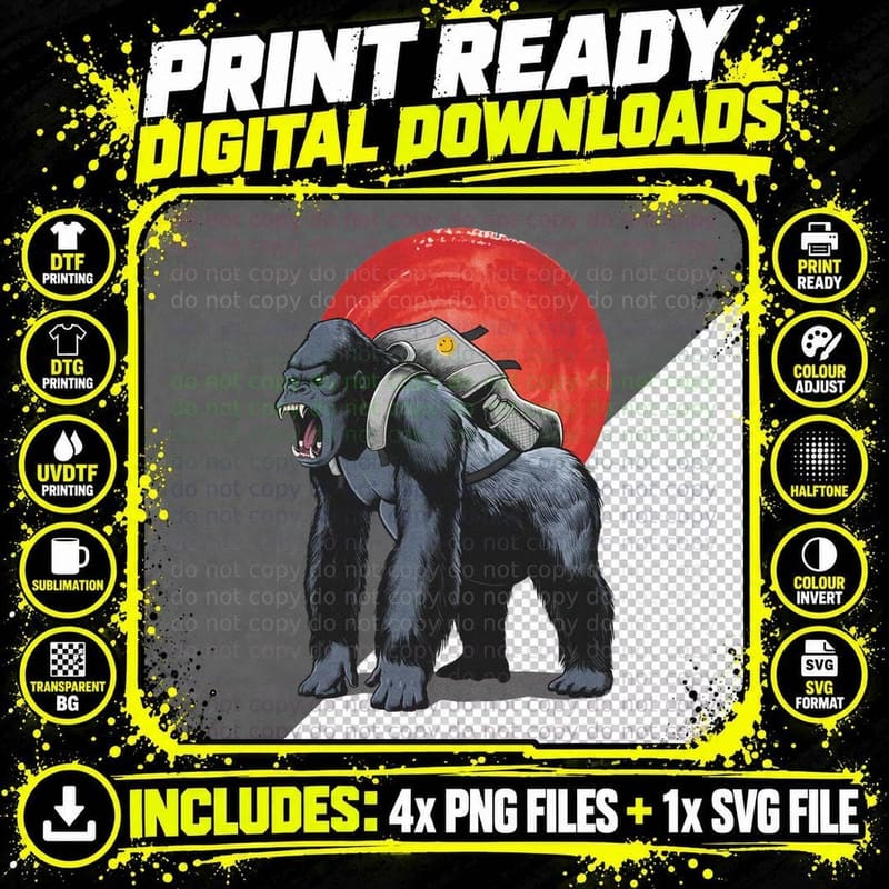 Silver Backpack Gorilla T-Shirt Png SVG Digital Bundle