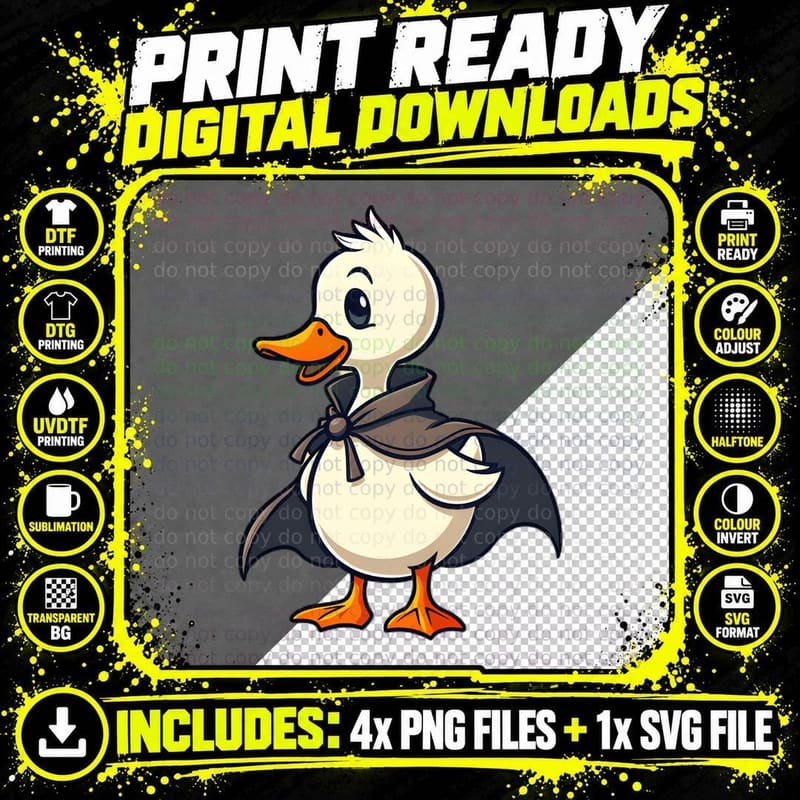 2D Animated Duck Black Cape White Feathers Blue Eyes Png SVG Digital Bundle