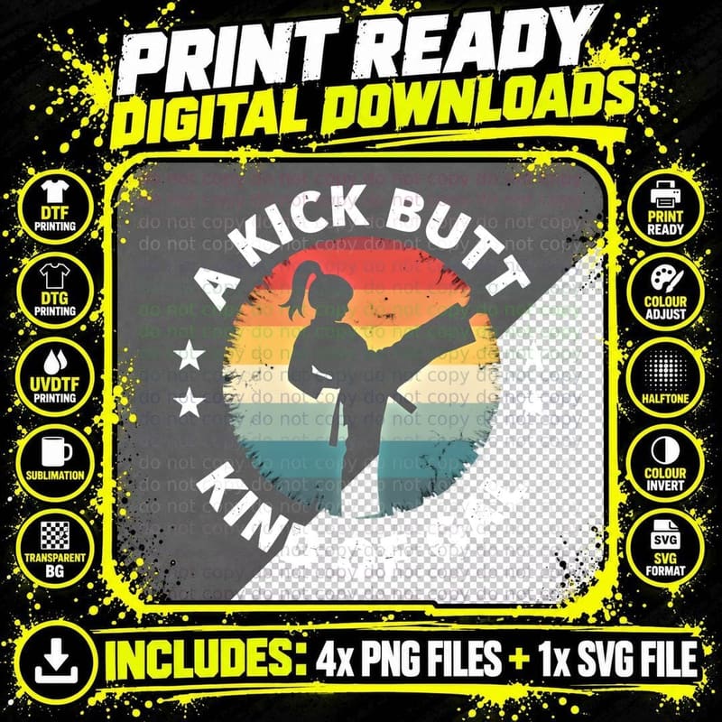 A Kick Butt Gal Martial Artist Rainbow Graphic T-Shirt Png SVG Digital Bundle