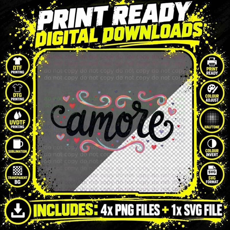 Amore Cursive Textured Rainbow Hearts T-Shirt Png SVG Digital Bundle