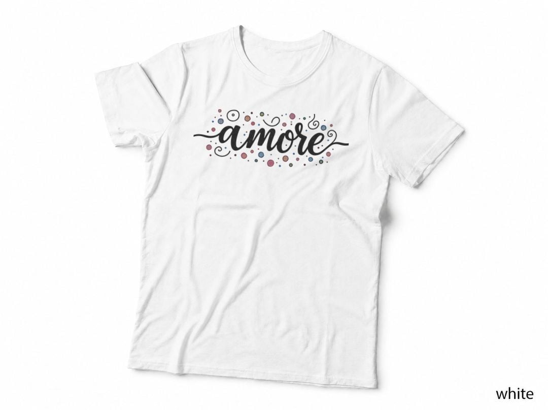 Amore Faded White Cursive Colorful Swirls T-Shirt