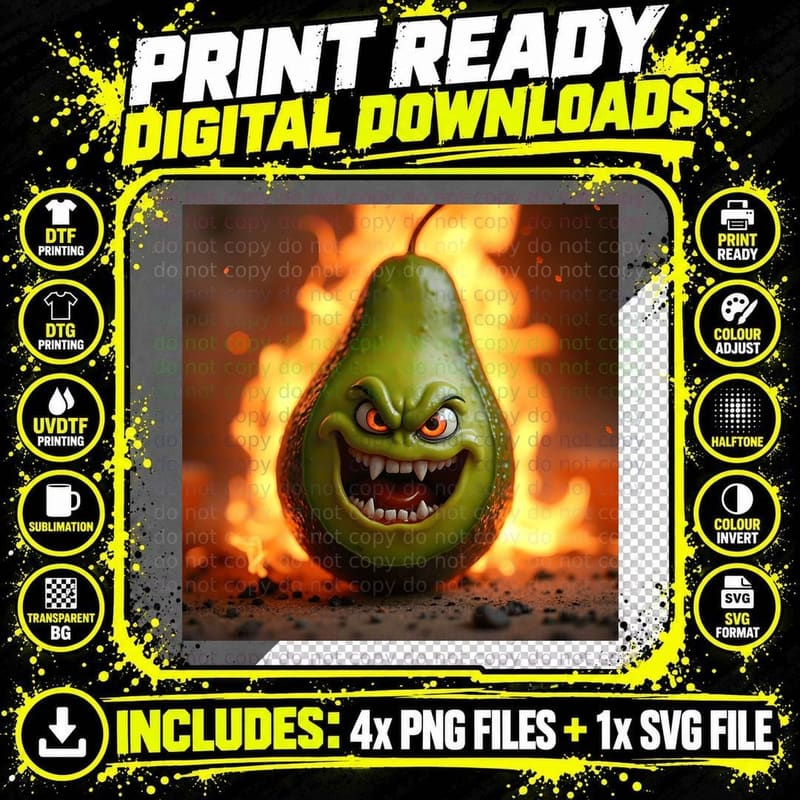 Angry Avocado with Fiery Rage T-Shirt Png SVG Digital Bundle