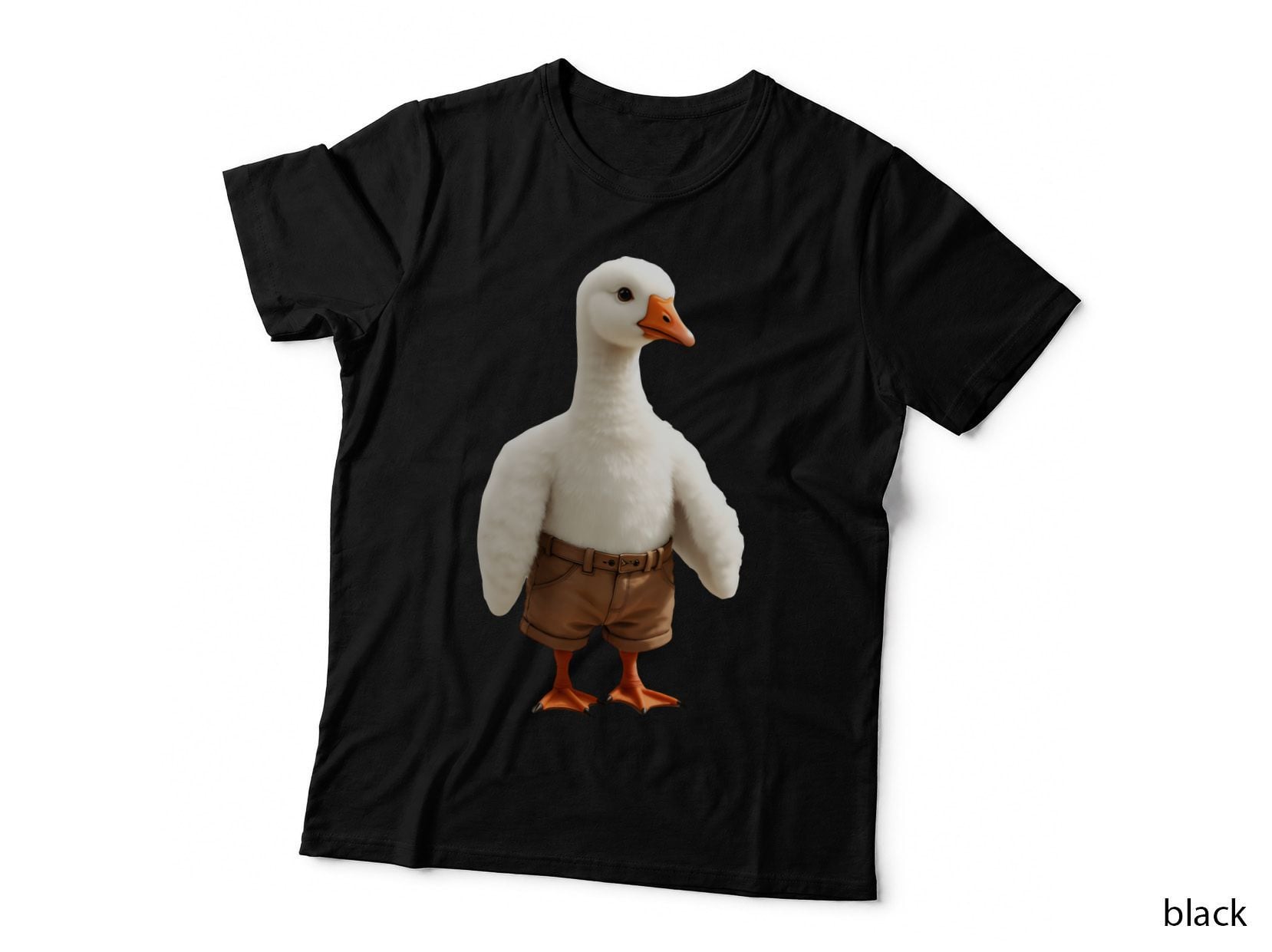 Anthropomorphic White Goose with Orange Beak Feet Brown T-Shirt