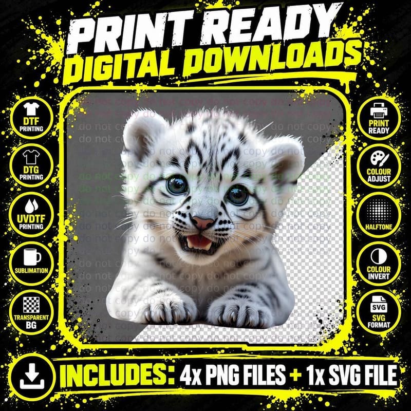 Baby Snow Leopard Cub Black Spots Tiny Teeth Blue Eyes Png SVG Digital Bundle