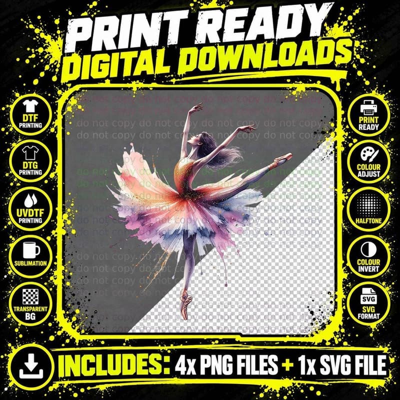 Ballet Dancer Elegant Art Splash Movement T-Shirt Png SVG Digital Bundle