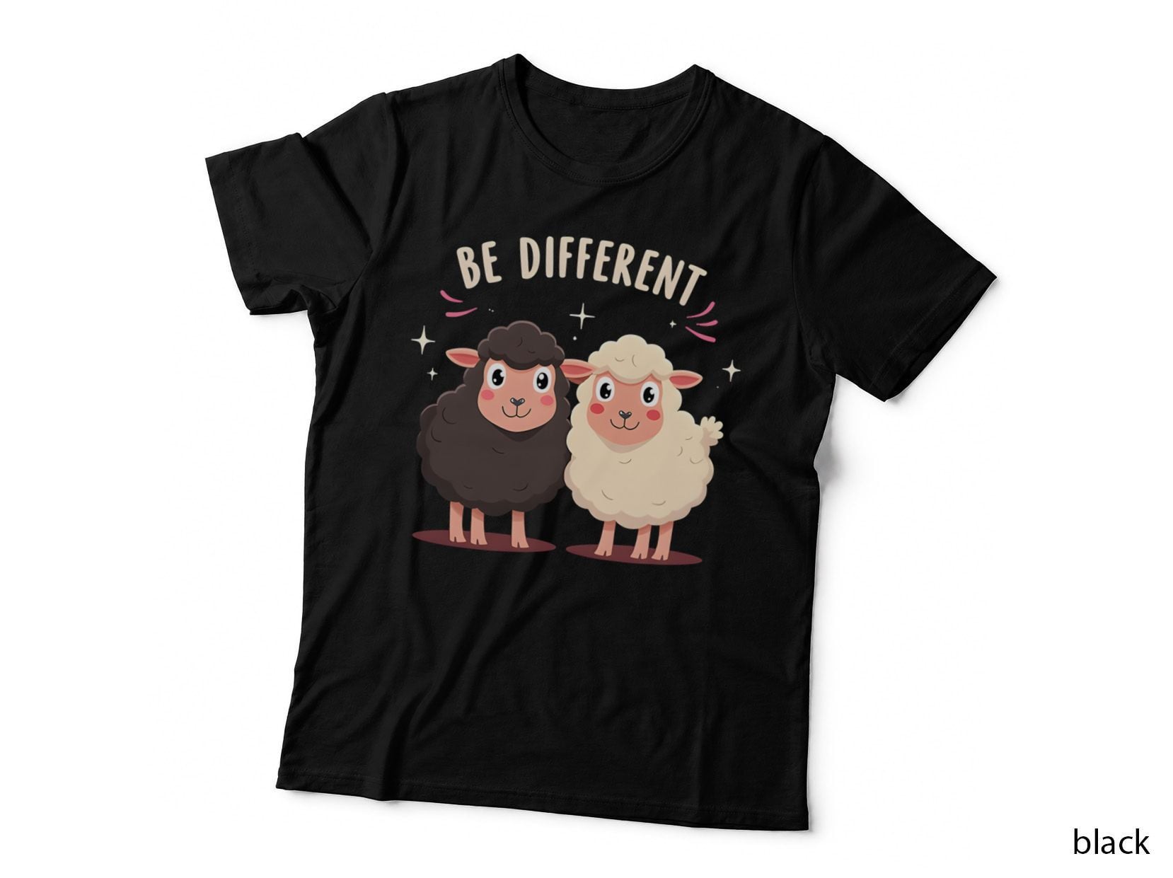 Be Different Sheep Shirt, Cute Cartoon Black Sparkle T-Shirt