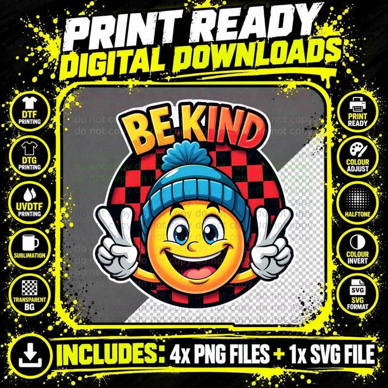 Be Kind Smiley Face, Peace Sign Hands, Checkered Pattern Png SVG Digital Bundle