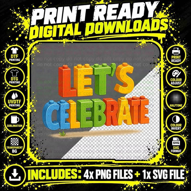 Building Block Brick 'Let's Celebrate' Party T-Shirt Png SVG Digital Bundle