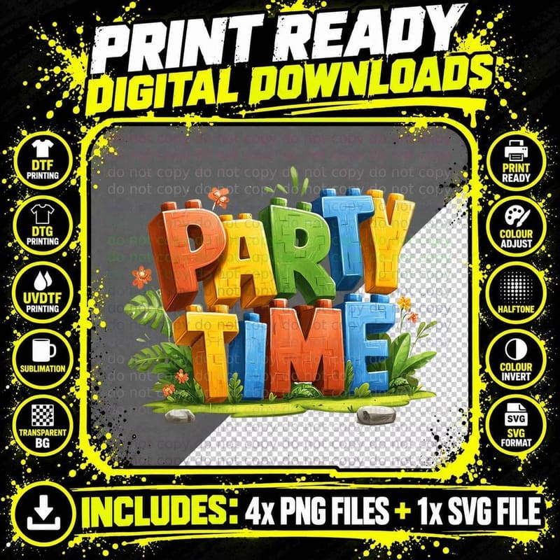 Building Block Brick Toy 'Party Time' Celebration T-Shirt Png SVG Digital Bundle