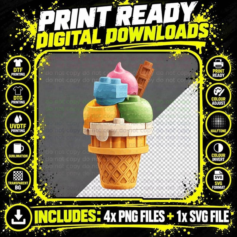 Building Block Brick Toy Ice Cream Cone Flake Art T-Shirt Png SVG Digital Bundle