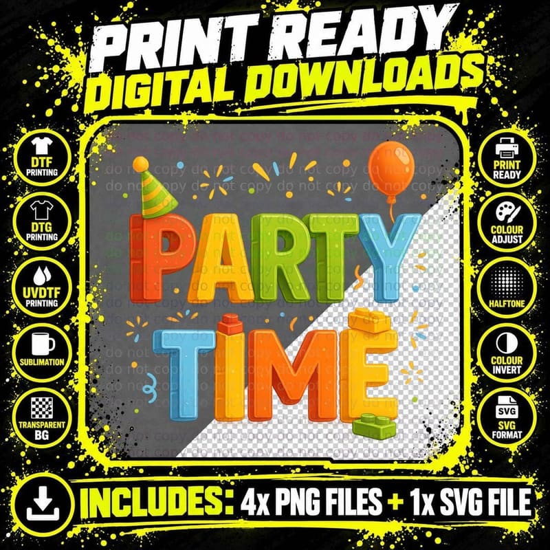 Building Block Party Time Celebration Banner T-Shirt Png SVG Digital Bundle