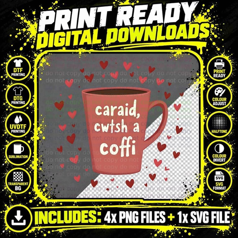 Caraid Cwtsh a Coffi Mug Welsh Friend Quote Red Hearts Png SVG Digital Bundle