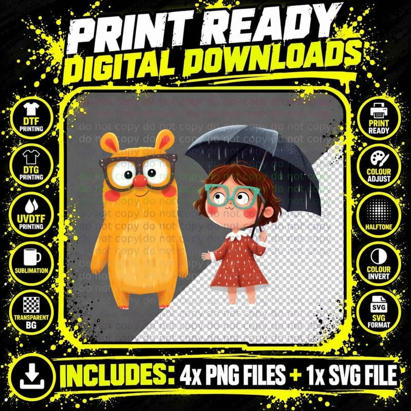 Cartoon Creature Girl Umbrella Raindrops Black Png SVG Digital Bundle
