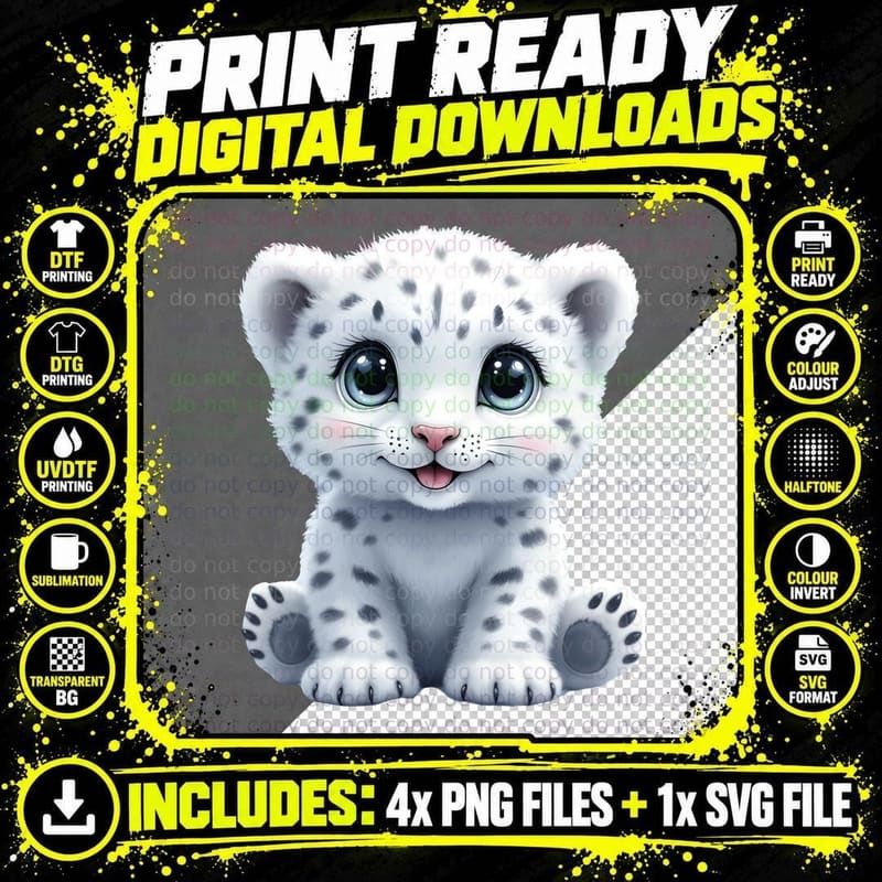 Cartoon Snow Leopard Baby Fluffy Tongue Pink Nose Blue Png SVG Digital Bundle