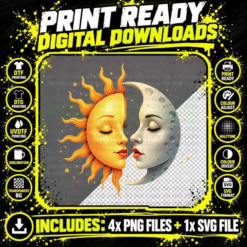 Celestial Sun Moon Face Illustration Stars Closed Eyes Png SVG Digital Bundle