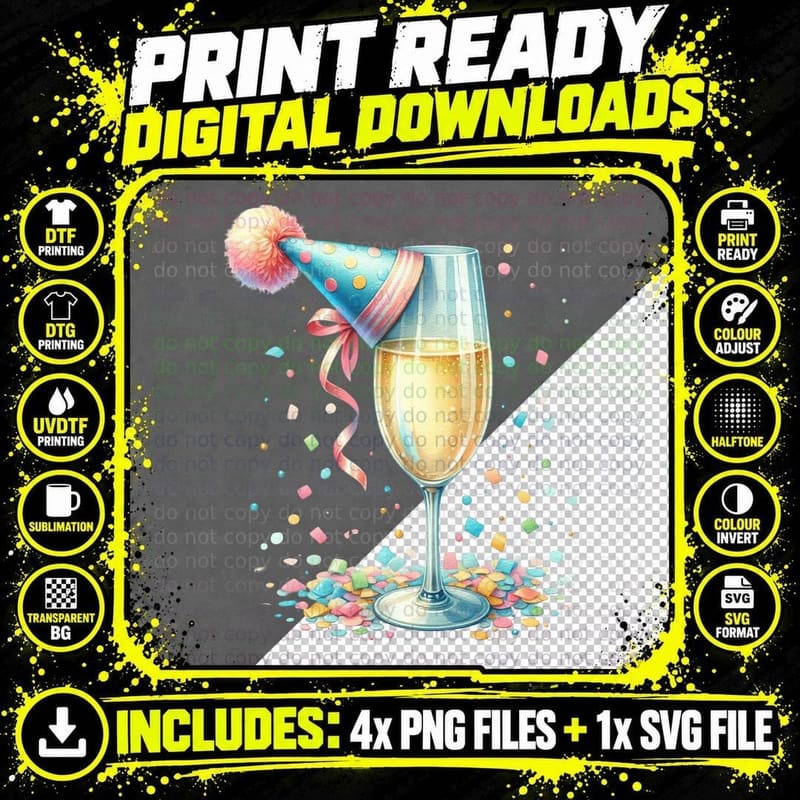 Champagne Flute with Party Hat and Confetti New Year's Png SVG Digital Bundle
