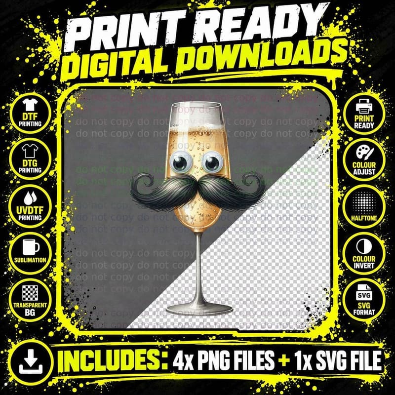 Champagne Flute, Mustache and Googly Eyes New Year's Eve Png SVG Digital Bundle
