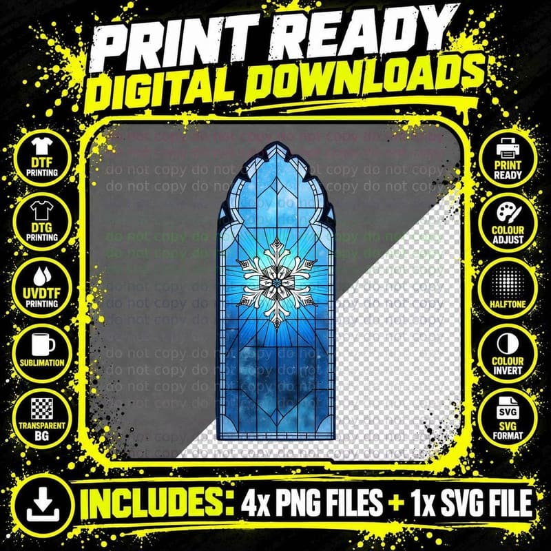 Cinematic Stained Glass Snowflake T-Shirt Png SVG Digital Bundle