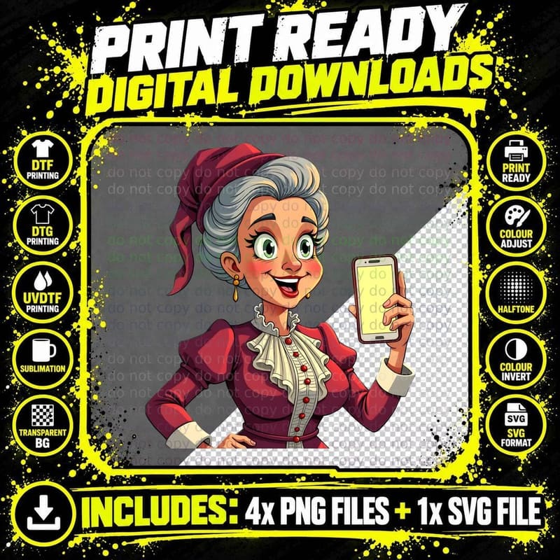 Comical Victorian Woman with Smartphone T-Shirt Png SVG Digital Bundle