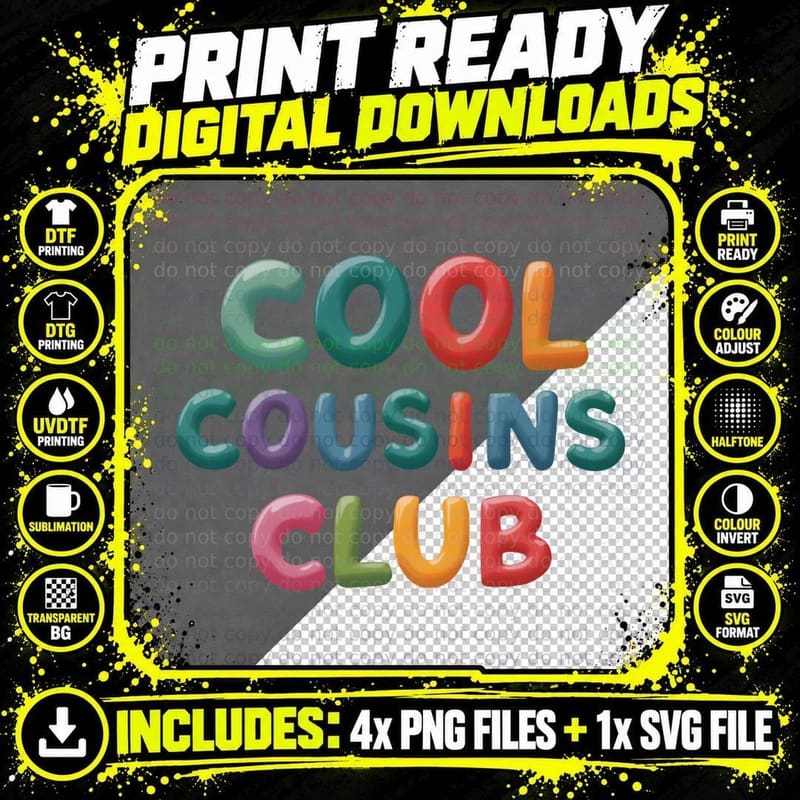 Cool Cousins Club Bubble Letters Pastel Colors Family Png SVG Digital Bundle