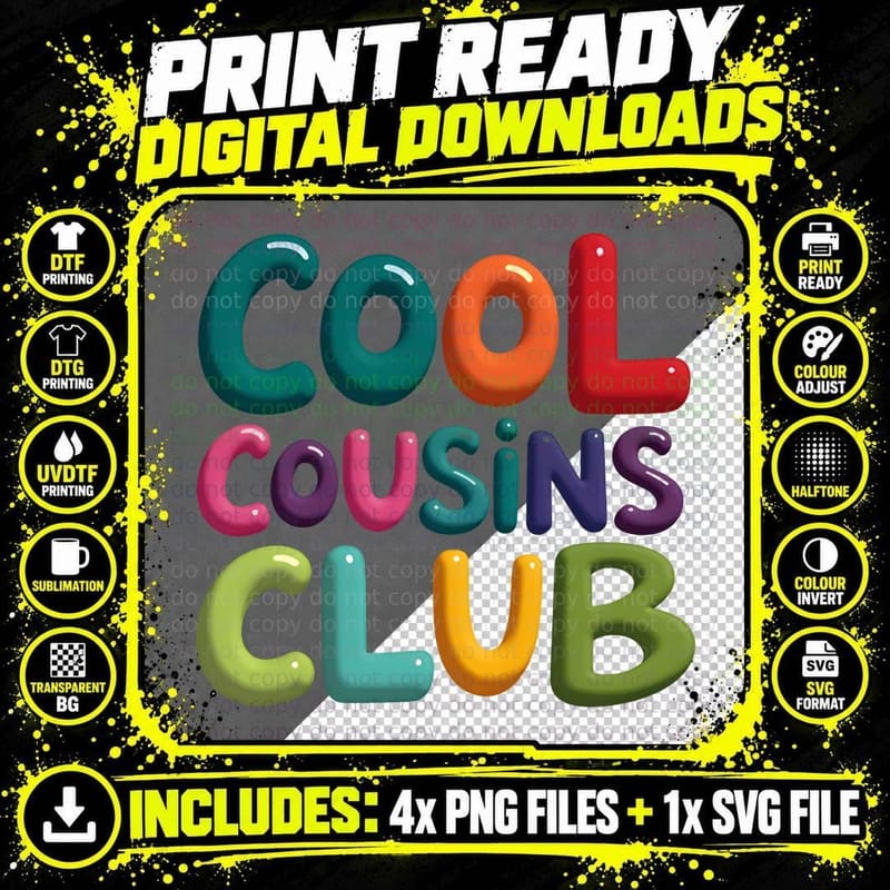 Cool Cousins Club Colorful 3D Bubble Letters Family Png SVG Digital Bundle