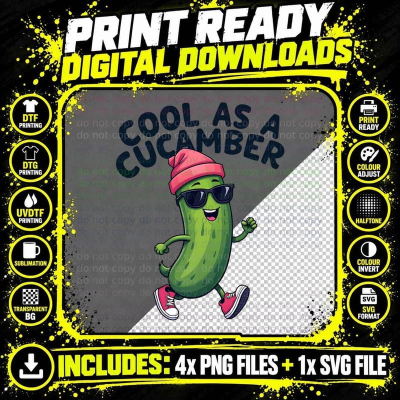 Cool as a Cucumber Cartoon Pickle Pink Beanie & Png SVG Digital Bundle