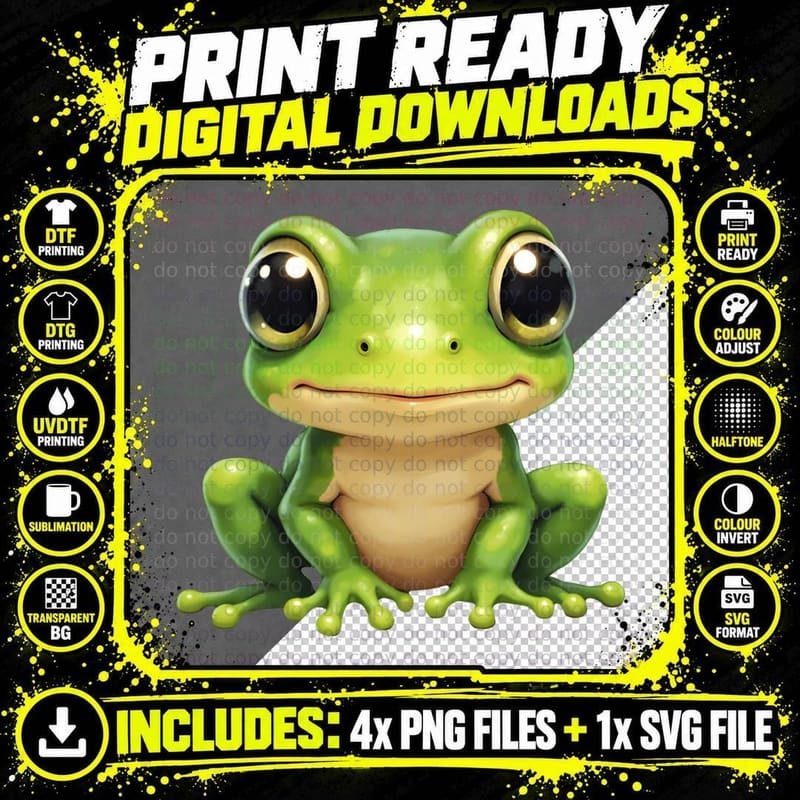 Cute Glossy 3D Frog with Big Shiny Eyes and Friendly Png SVG Digital Bundle