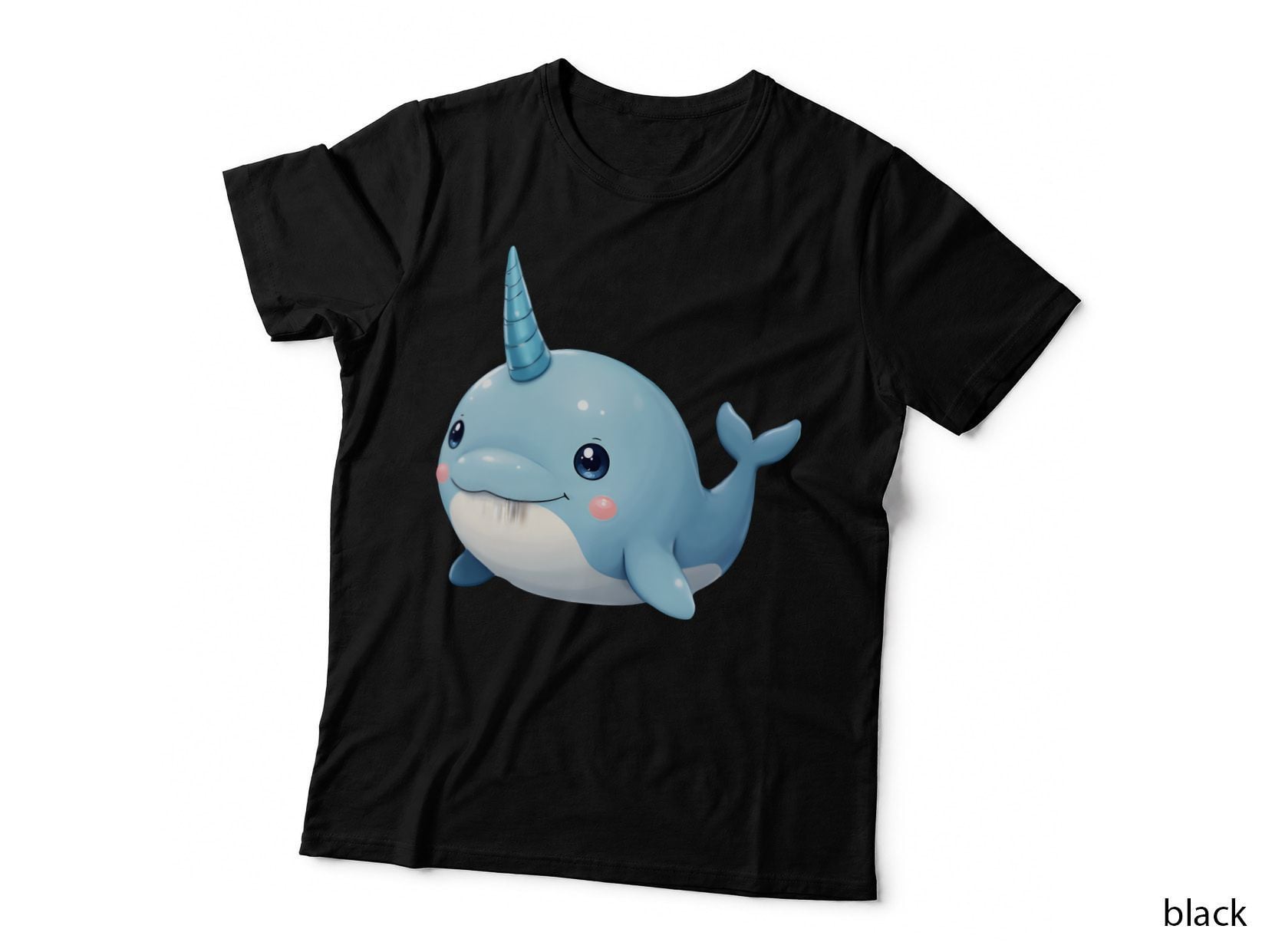 Cute Narwhal Cartoon with Blue Spiral Horn and Pink Cheeks T-Shirt