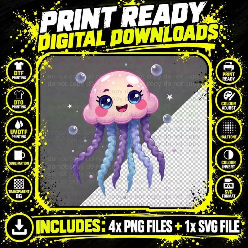 Cute Pastel Jellyfish, Smiling Face, Starry Eyes Png SVG Digital Bundle