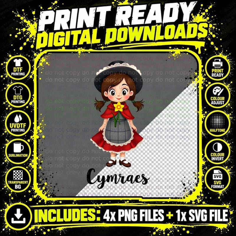 Cymraes Cartoon Girl Welsh Traditional Daffodil Pigtails Png SVG Digital Bundle