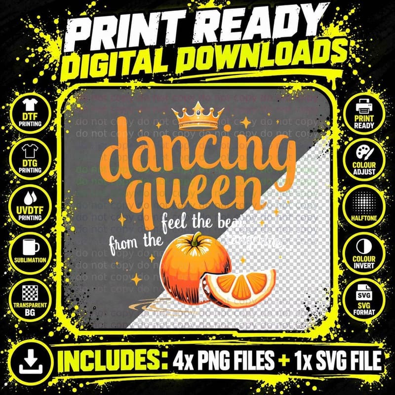 Dancing Queen Tangerine & Stars Golden Crown Whimsical Png SVG Digital Bundle