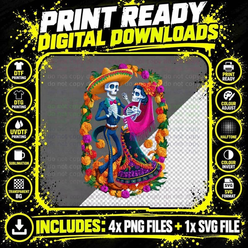 Day of the Dead Dancing Skeletons Dia De Los Muertos Png SVG Digital Bundle