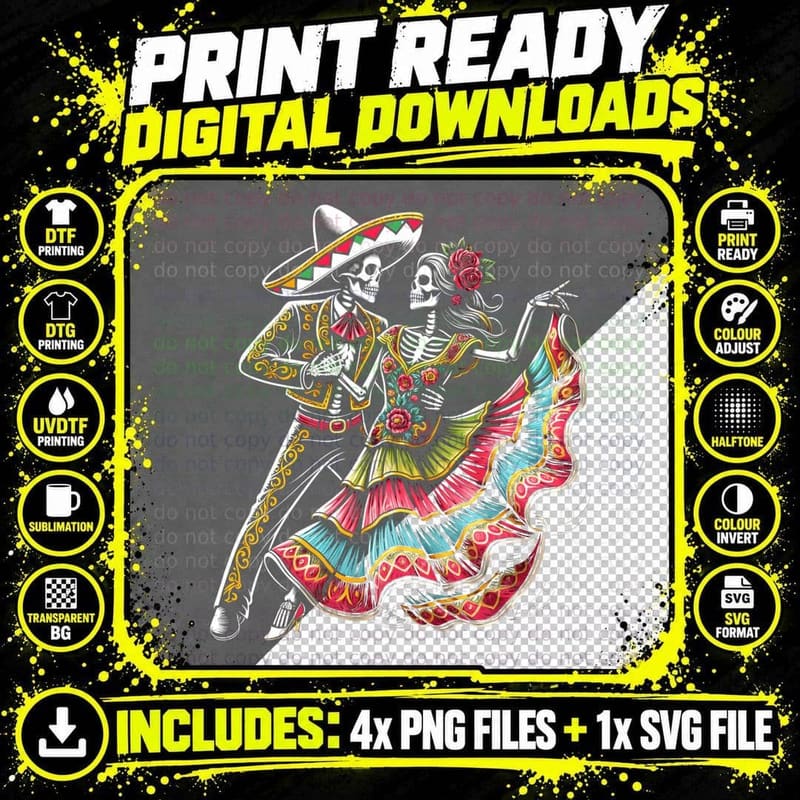 Dia De Los Muertos Skeletons Dancing Mexican Day of Dead Png SVG Digital Bundle