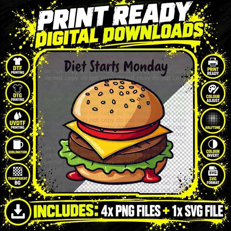 Diet Starts Monday Cheeseburger T-Shirt Png SVG Digital Bundle