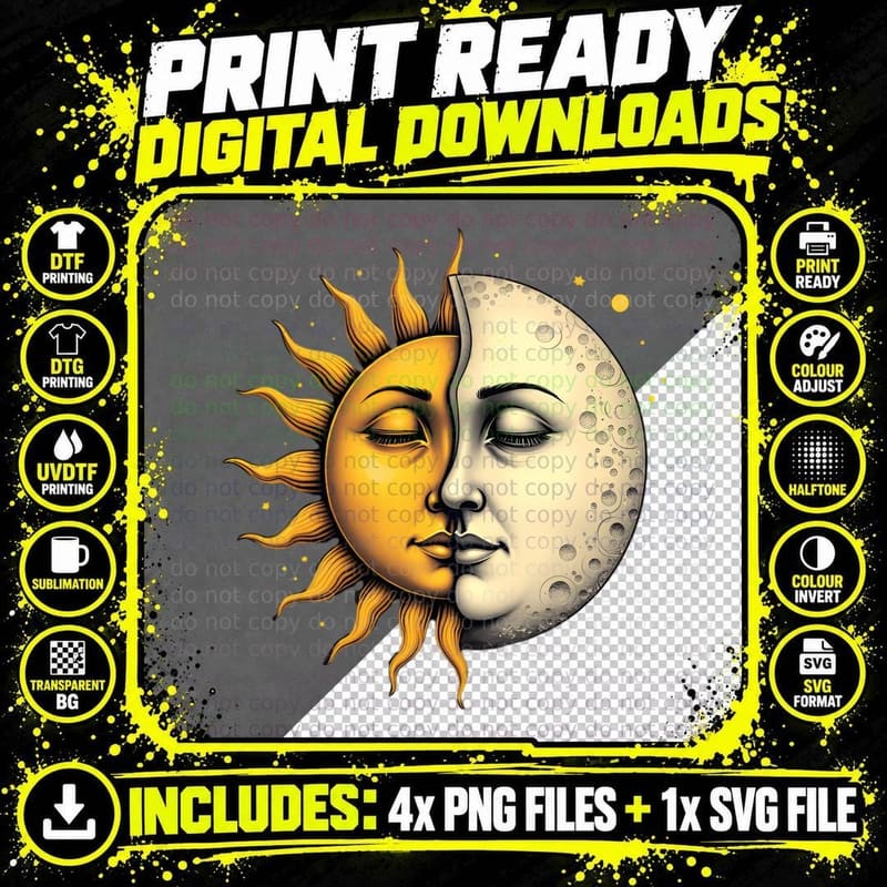 Digital Sun Moon Hybrid Wavy Rays White Craters Starry Png SVG Digital Bundle