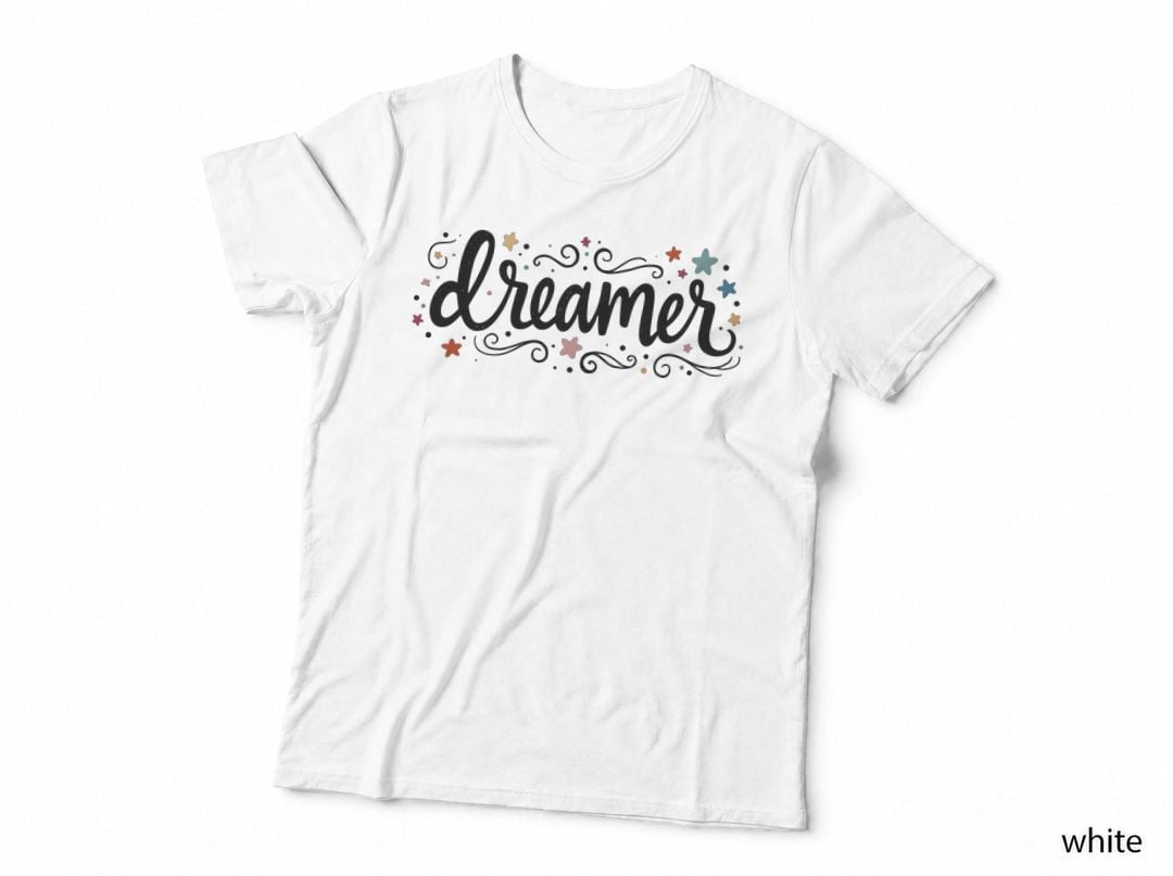 Dreamer Cursive Dark Gray Elegant Stars & Swirls T-Shirt