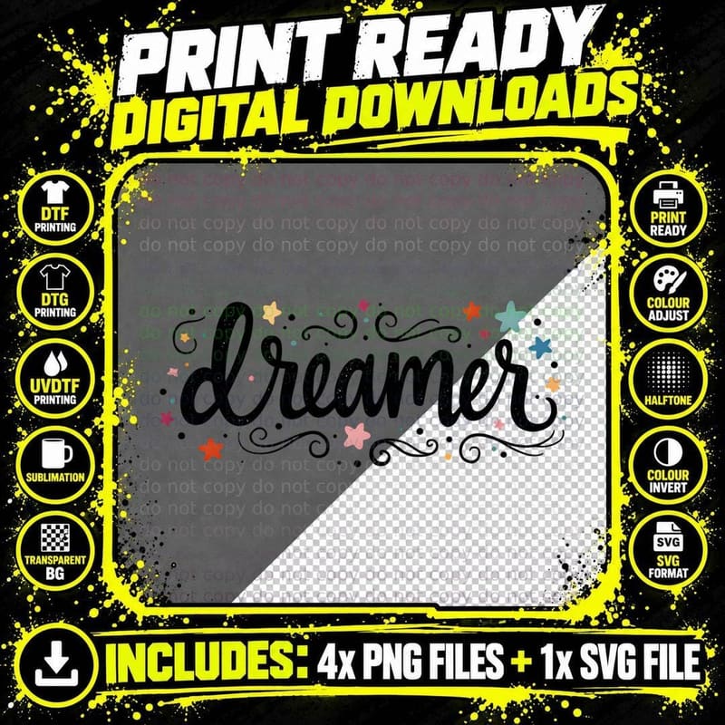 Dreamer Cursive Dark Gray Elegant Stars & Swirls T-Shirt Png SVG Digital Bundle