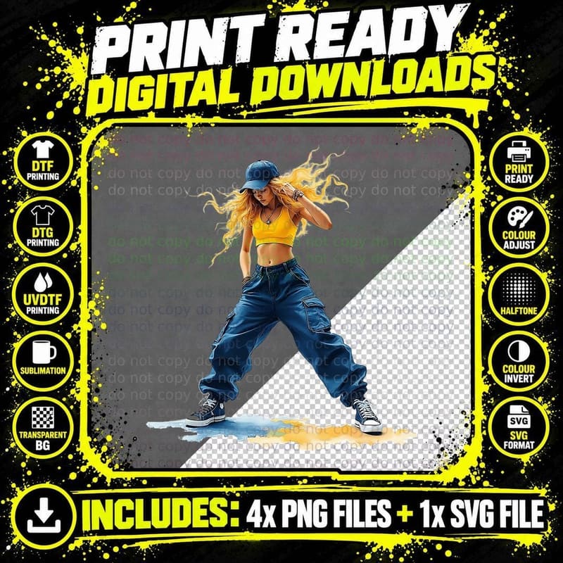 Dynamic Female Dancer Modern Street Dance Art T-Shirt Png SVG Digital Bundle