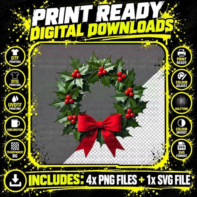Elegant Holly Wreath with Berries T-Shirt Png SVG Digital Bundle