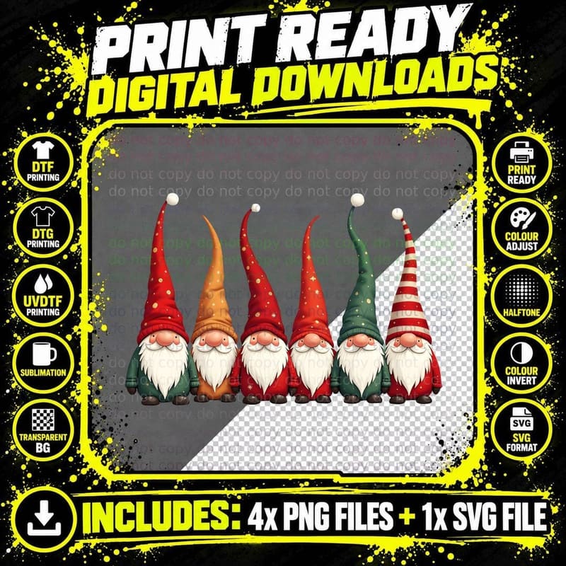 Five Cartoon Gnomes Polka Dot & Striped Hats Green Png SVG Digital Bundle