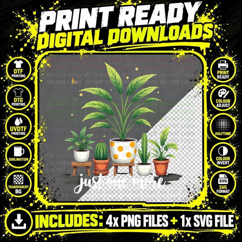 Five Potted Plants Cactus Arrangement Decorative Pots Png SVG Digital Bundle