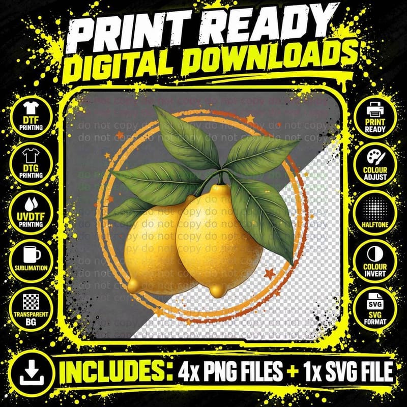 Fresh Squeezed Lemon Fruit with Leaves and Stars T-Shirt Png SVG Digital Bundle